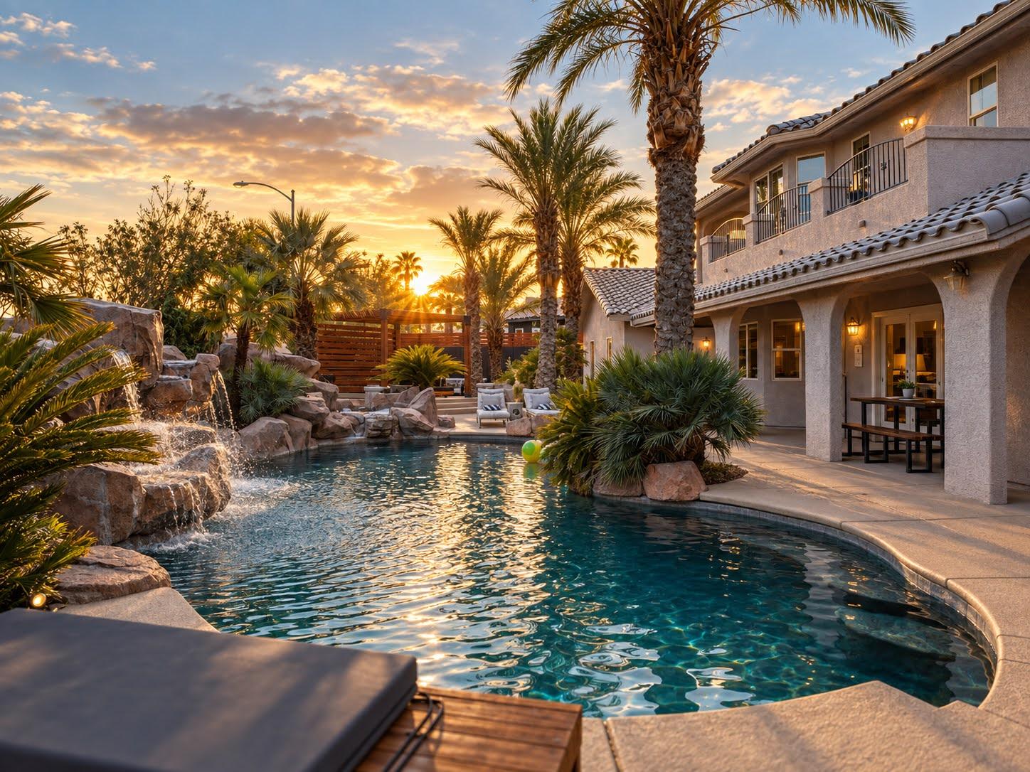 Pool at sunset with palm trees